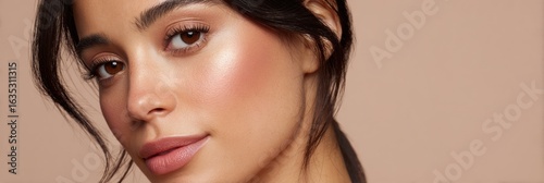 Soft Blush and Glowing Highlighter Create a Fresh Look Against a Warm Neutral Background in This Close-Up Beauty Portrait