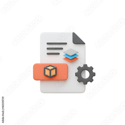 3D Illustration Of White Document Orange Box And Grey Gear Isolated