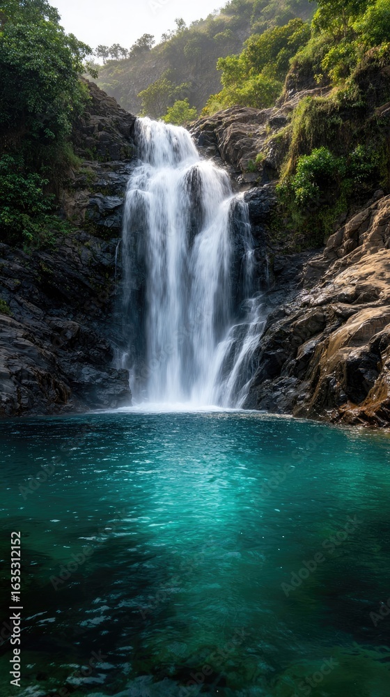 Obraz premium Cascading waterfall into a tranquil pool.
