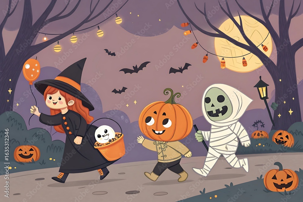Fototapeta premium Children in halloween costumes walking under the moonlight in spooky night