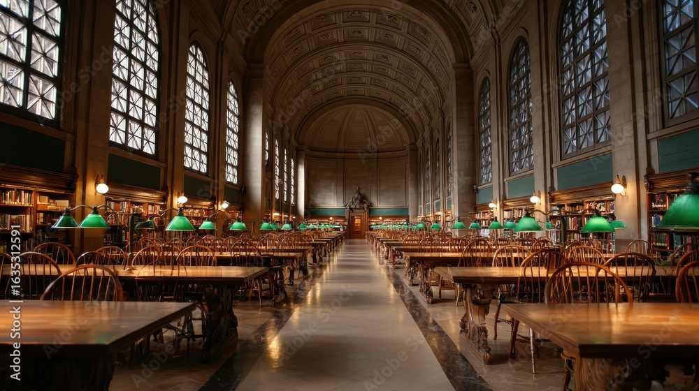 Fototapeta premium Grand library hall, quiet study, arched windows, bookcases, education
