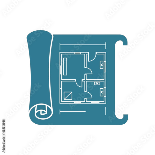 Blue blueprint icon showing a house floor plan rolled on the left side.
