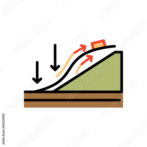 Illustration showing landslide with arrows indicating movement on a hillside.