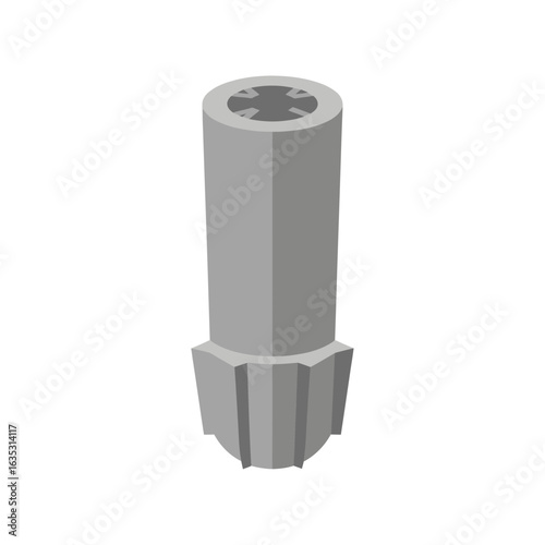 Gray plastic toy part with cross shaped hole on a white background.