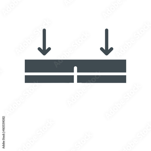 Two arrows pointing down at a horizontal bar with a small crack.