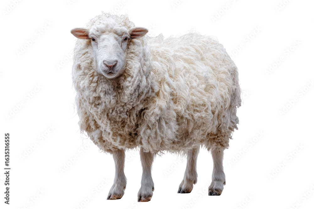 Fototapeta premium Fluffy white sheep, full-body shot, centered on black background