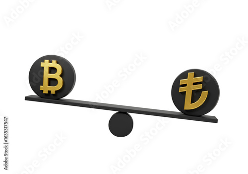 3D Render Bitcoin And Turkish Lira Balance On Black Isolated Background