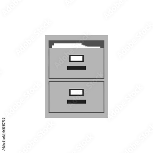 Gray filing cabinet with two drawers and files inside.