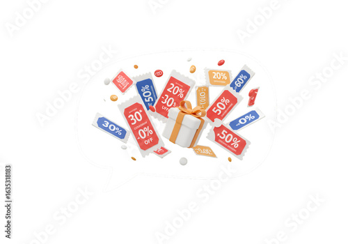 3D Render Illustration Of Sales Coupon Gift Box Floating On Transparent Isolated Background
