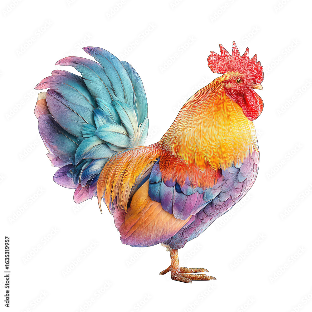 Fototapeta premium Colorful Rooster Standing, Studio Shot, Rainbow Feathers, Farm Animal