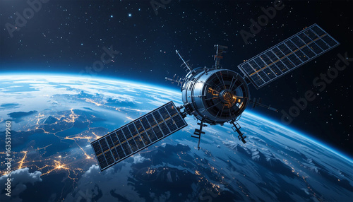 Detailed Satellite in Earth's Orbit, With Solar Panels and Glowing City Lights, Ideal for Space Technology and Global Communication Concepts