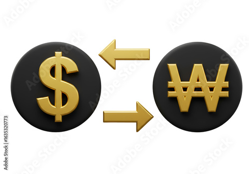 3D Render Gold Dollar Symbol Trading With Korean Won Against Black Background