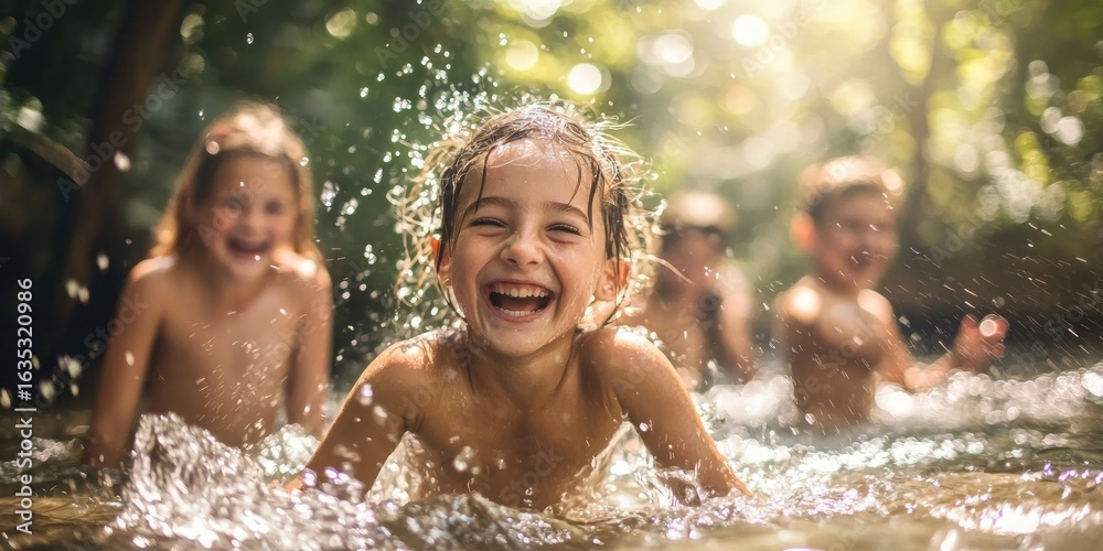 Obraz premium A forest setting where kids laugh and splash in a cool freshwater stream