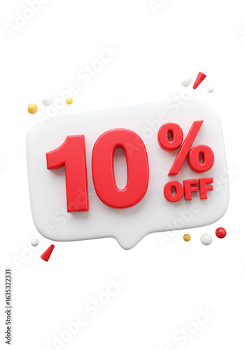 3D Render Of Red 10 Percent Off Text Within White Speech Bubble Illustration