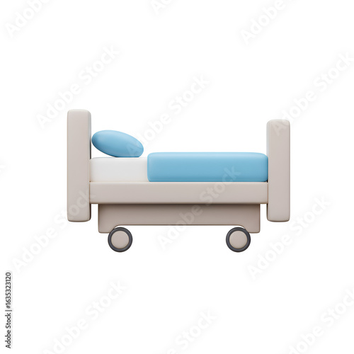 3D Render Of Beige And Blue Hospital Bed Isolated On White Background