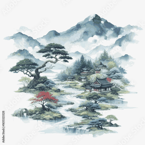 Cultural Fusion: Japanese style landscape isolated watercolor vector illustration svg