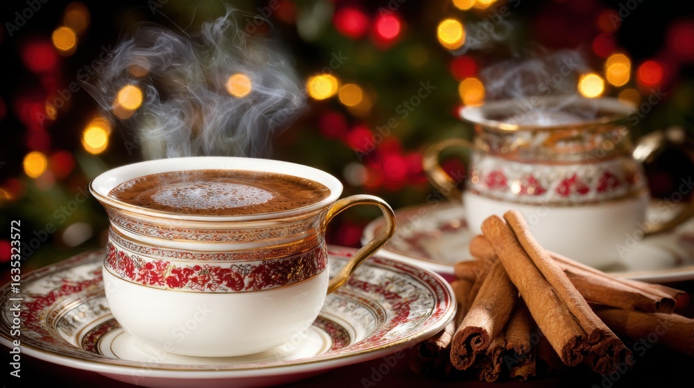 Fototapeta premium Turkish coffee with festive motifs and cinnamon sticks, evoking ceremonial warmth.