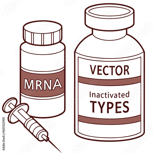 Vaccine bottle labeled with mRNA, vector, inactivated types generaed by ai