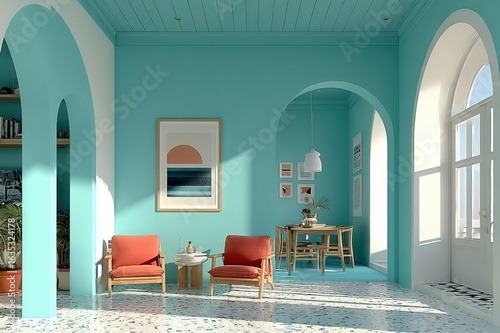 Mediterranean Interior with Light Blue Arches, Wood Furniture & Coral Accents, Terrazzo Floor and Sunlit Pastel Teal-Orange Palette, Serene Atmosphere