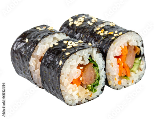 Deliciously prepared Korean kimbap rolls sprinkled with sesame seeds, showcasing fresh ingredients