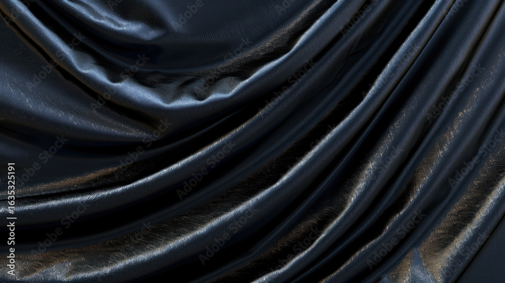 Fototapeta premium Sleek, dark fabric with smooth, shiny texture, showcasing elegant draping and folds. rich color adds luxurious feel, perfect for fashion or interior design projects