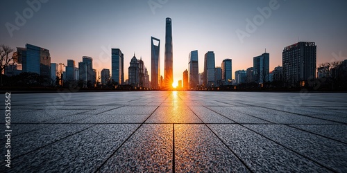 Sunset City Square Silhouette - Empty Ground Casting Long Shadows, Glowing Skyscraper Skyline Backdrop for Corporate Presentation (Commercial)