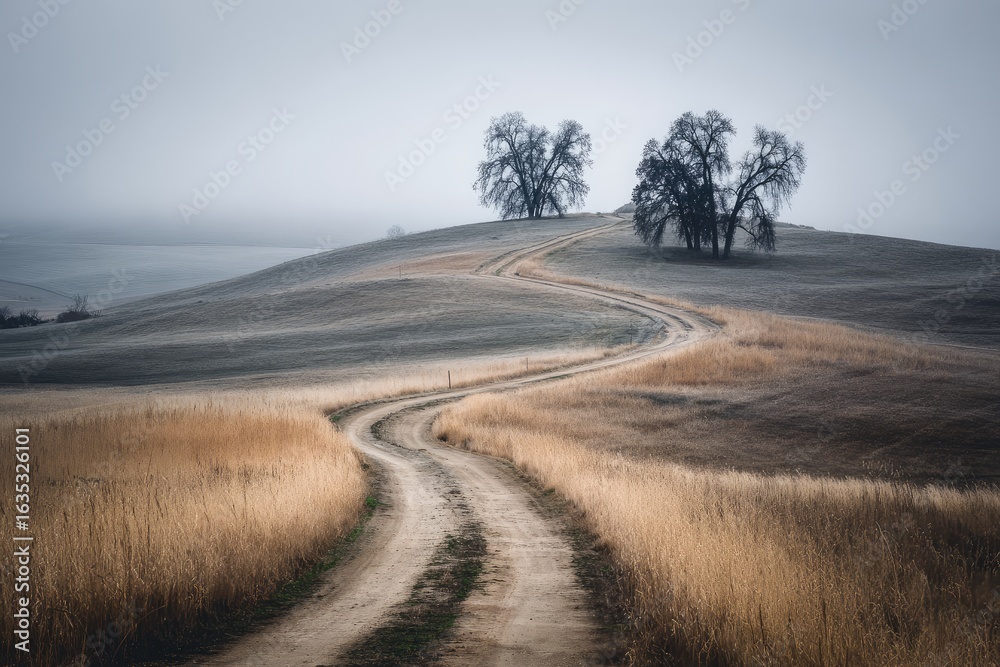 Naklejka premium A winding dirt road through a hazy, autumnal landscape, leads to two trees atop a gentle hill