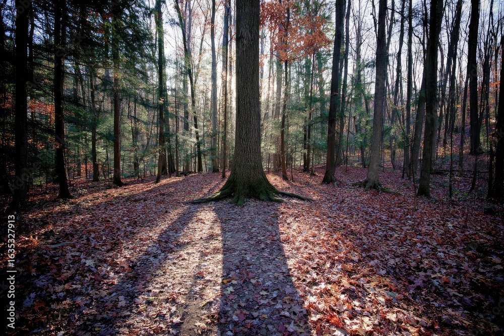 Fototapeta premium Sunlight filters through autumn forest, casting long shadows