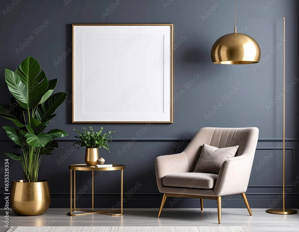 Fototapeta premium Elegant Interior with Blank Frame Armchair and Golden Accents Against Dark Wall.