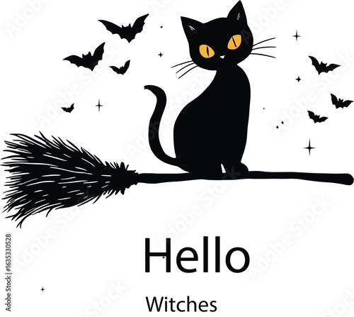 Hello Witches  Halloween Vector of Black Cat on Broomstick with Bats & Stars for Spooky Season, Whimsical Magic & Festive Night Themes