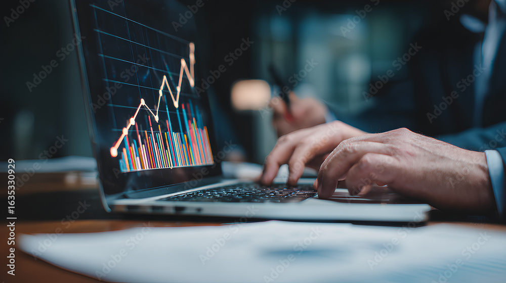 Fototapeta premium Business team using laptop computer analyzing sales data and financial growth graph chart report. Business planning, strategy and development. Financial accounting. market research, data analysis