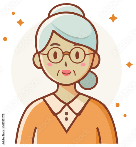 Cartoon elderly woman wearing glasses and orange sweater with an updo hairstyle