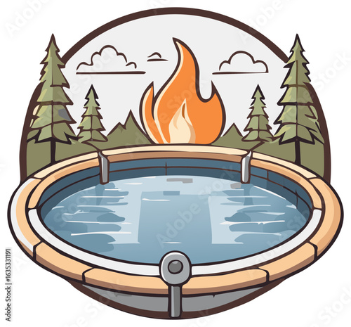 Outdoor hot tub and bonfire in a mountain forest landscape illustration