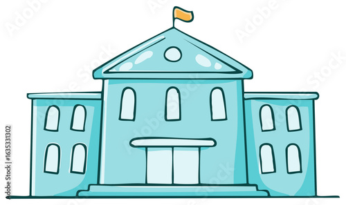 Cartoon Government Building with Flag Waving, Illustrated Municipal Icon for Education or Official Services
