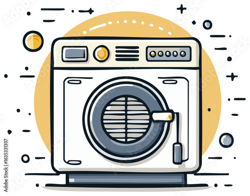 Cartoon illustration of a washing machine with modern design elements