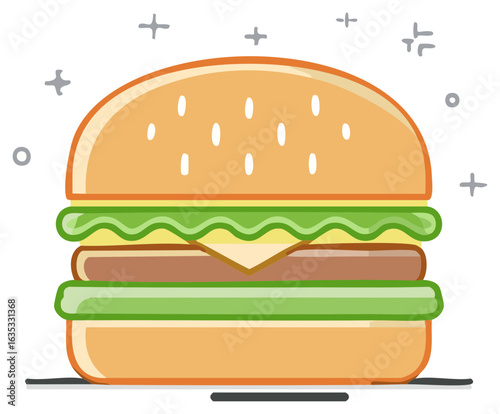 Stylized illustration of a layered cheeseburger with lettuce and a beef patty