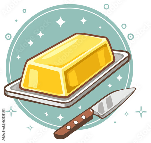 Butter stick on tray with knife in cartoon style fresh dairy breakfast illustration