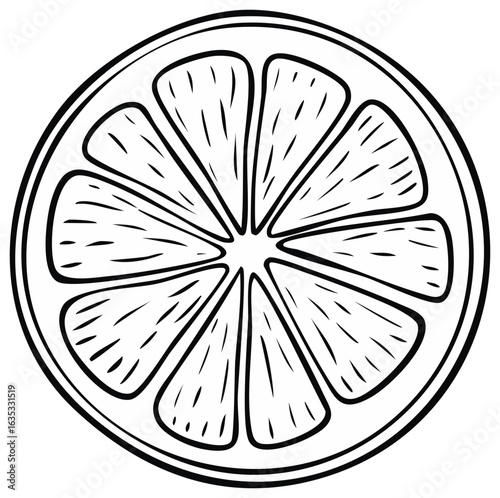 Stylized black and white illustration of a single citrus fruit slice with segmented pulp and thick outline