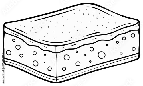 Hand Drawn Black and White Outline Illustration of a Rectangular Cleaning Sponge with Visible Pores