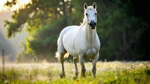 White horse running through field