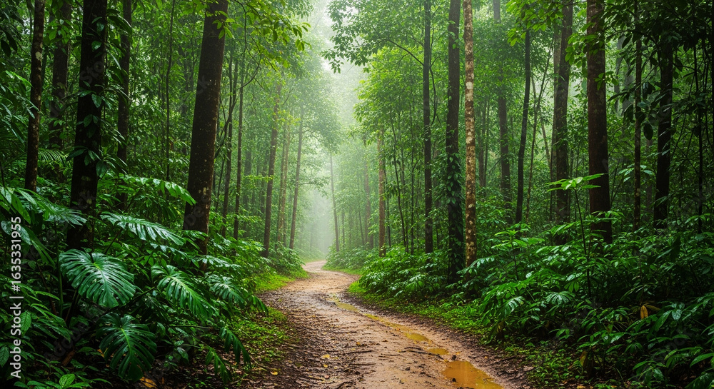 Obraz premium A muddy path winds through a lush dense green rainforest with tall trees