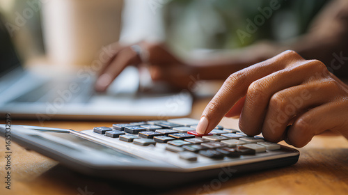 Close up, business woman working at office, using calculator to calculate company finance, accounting with laptop computer on table, budget management. Doing finance, budgeting and tax calculation