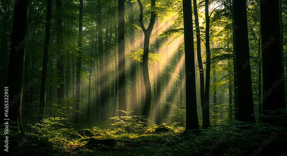 Fototapeta premium Sunbeams piercing through a dense forest canopy creating a mystical atmosphere