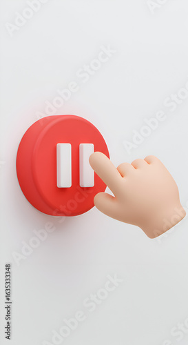 3D Rendered Hand Touching Red Pause Button Illustration Against White Background