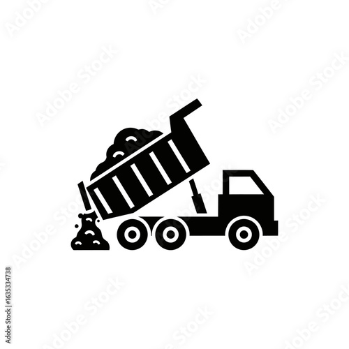 A black silhouette icon of a dump truck unloading gravel or soil, representing construction and material transport services.