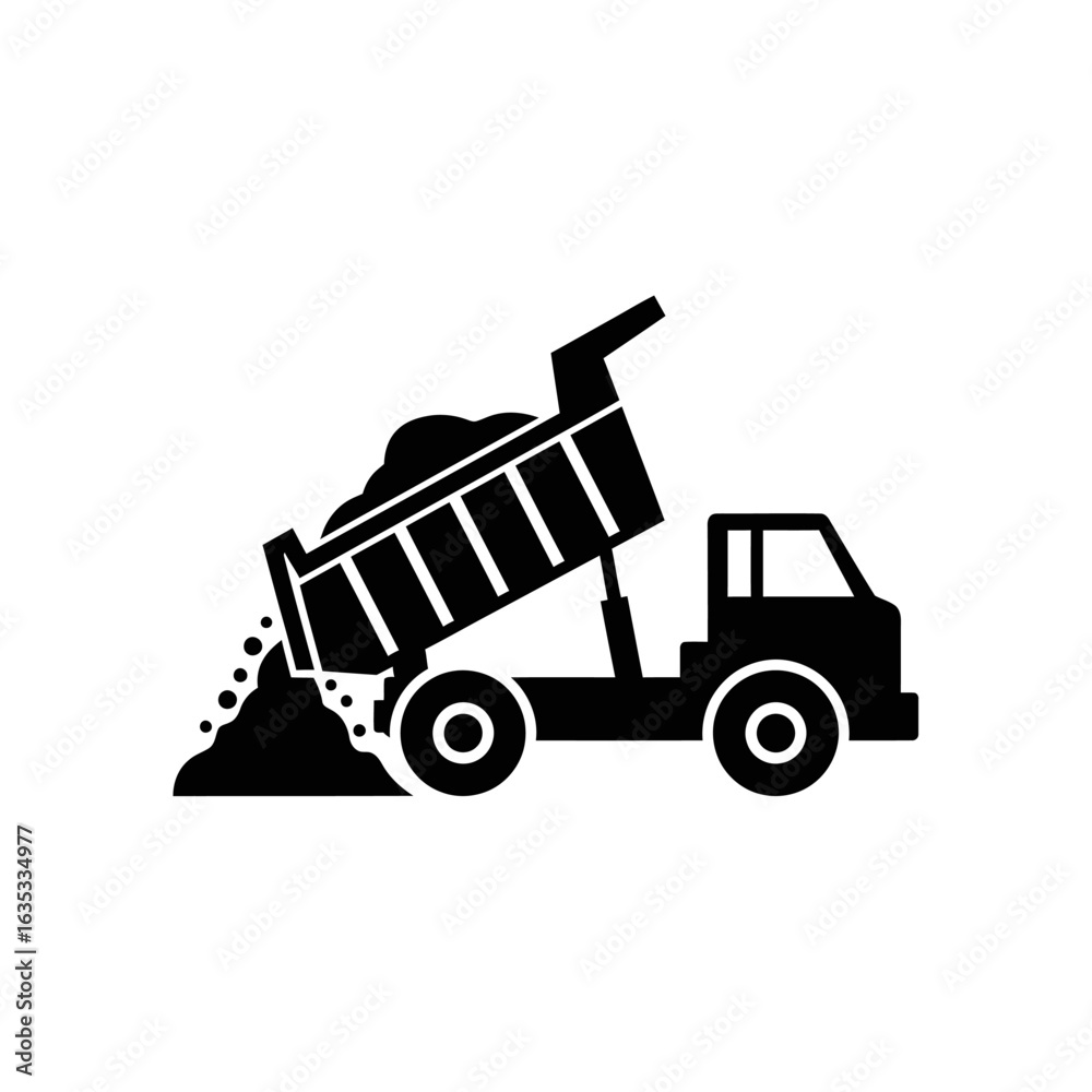 Naklejka premium A black and white vector illustration depicts a dump truck unloading its cargo of gravel, symbolizing construction and transportation in a minimalist style.