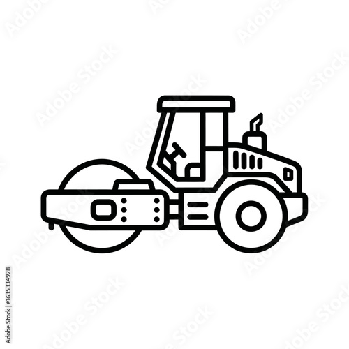 A minimalist black outline icon depicting a heavy-duty road roller, symbolizing construction, asphalt paving, and ground compaction on a clean white background.