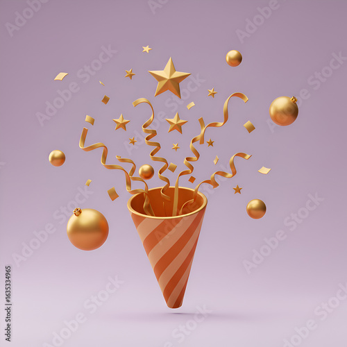 3D Rendered Celebration Abstract With Gold Confetti Stars Ribbons and Purple Background