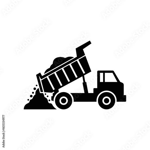 A black and white vector illustration depicts a dump truck unloading its cargo of gravel, symbolizing construction and transportation in a minimalist style.
