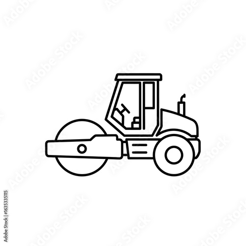 A simple black outline icon depicts a heavy-duty road roller, essential for compaction in construction and road building projects, isolated on a white background.